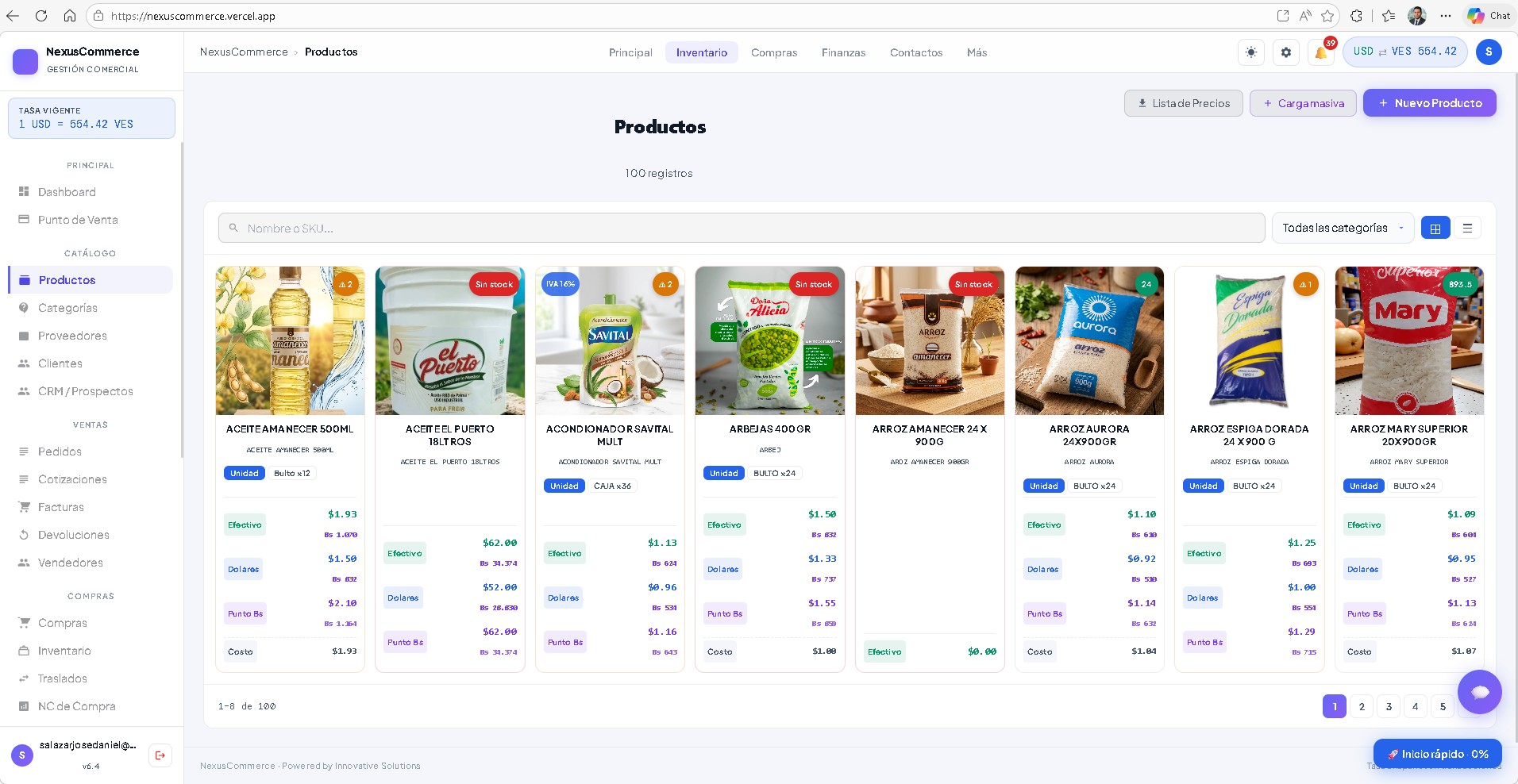 Panel de productos de Nexus Commerce